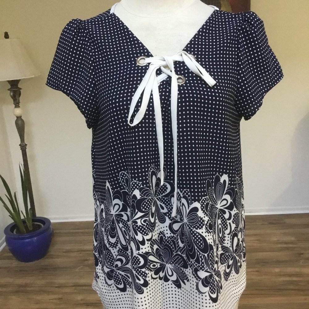 TOGETHER CLOTHING Polka Dot Top Tank Short Sleeve Flower Hem Lace Up Blue M